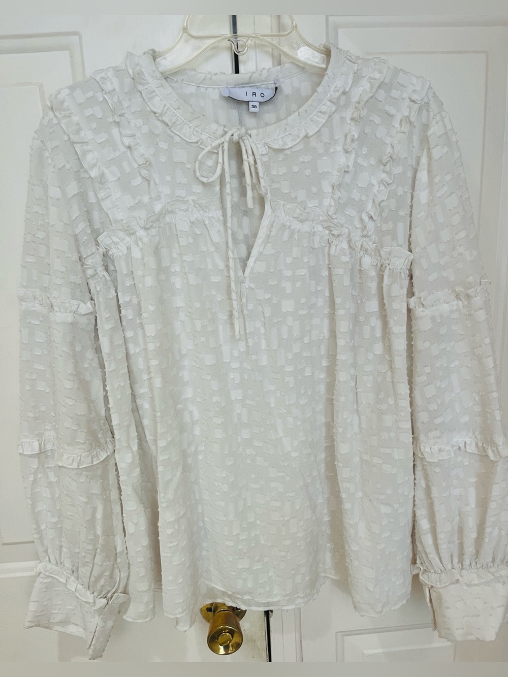 IRO Montana Paris Boho Textured Ruffle V-Neck Peasant Blouse Ivory Off White